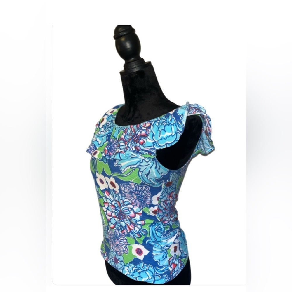 Lilly Pulitzer Blue Ruffled Cap Sleeve Blouse - Picture 4 of 5